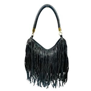 H&M Black Faux Leather Fringe Hobo Bag